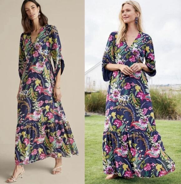 Soft Surroundings Dresses & Skirts - NWT Soft Surroundings Samantha Maxi Dress PM Navy Colorful Floral Faux Wrap $180